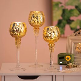 Romadedi Tealight Holder Candle Stand Glass - Lantern Tealight Holder Decoration Queck 3-Piece Set 23.5/25.5/31.5 cm for Tealights, Votive Candles, Pillar Candles, Living Room Table Decoration, Wedding (Gold)