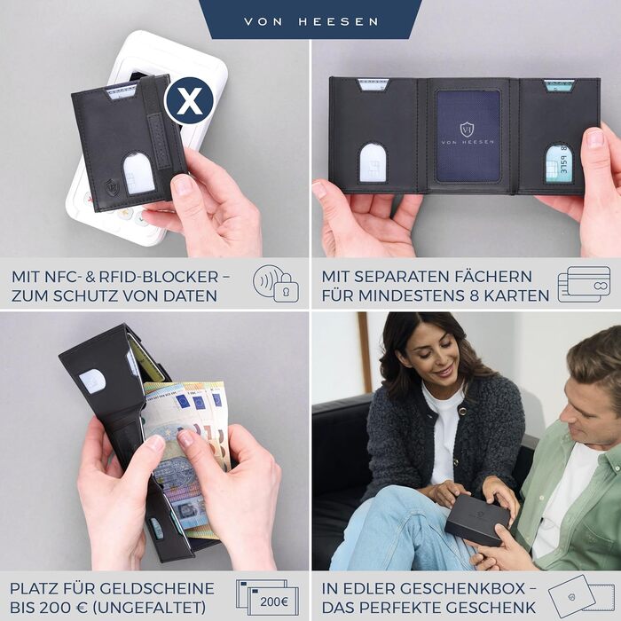 Картхолдер Von Heesen з монетницею RFID захист, шкіряний гаманець для жінок та чоловіків, чорний (Waxy)
