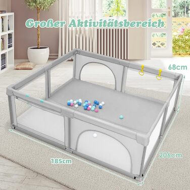 DREAMADE Playpen Baby 206 x 185CM, Folding Playard, Safety Gate with Breathable Mesh & 50 Balls, Child Safety Barrier with 2 Doors (Gray, without mattress) Gray without mattress