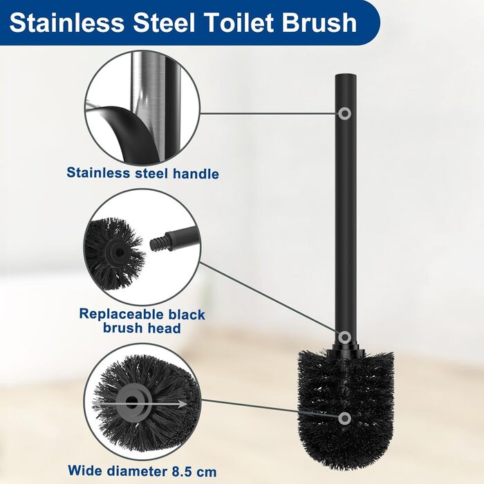 Stainless Steel Toilet Paper Holder with Brush - Standing Toilet Paper Roll Holder with Tray and Glass Shelf (Matte Black)
