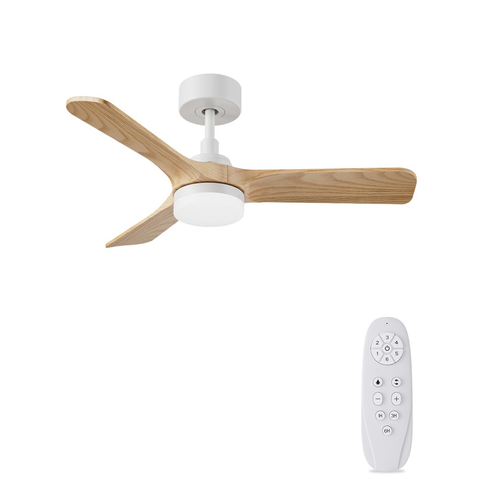 Стеляний вентилятор Holz з підсвіткою, тихий DC-двигун, 90 см, для вулиці, 3 дерев'яних лопаті, диммування LED 24W, пульт з пам'яттю, 6 швидкостей, таймер (світла текстура дерева, 75 см)