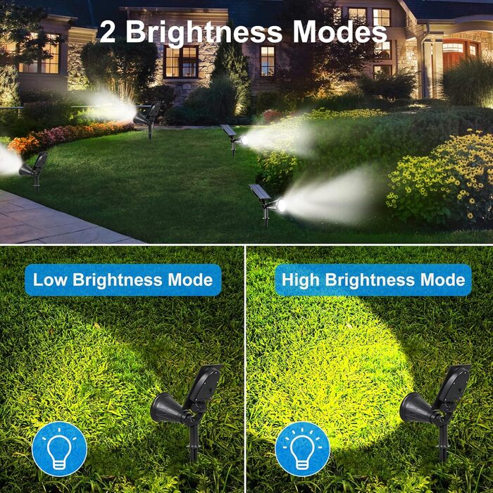 T-SUN LED Solar Spotlights, 2 Pack 4 LED Solar Garden Lights, Bright Garden Light, 2 Lighting Modes, Safety Lighting, Large Outdoor Light for Lawn, Paths, Terrace (Cool White 6000K)