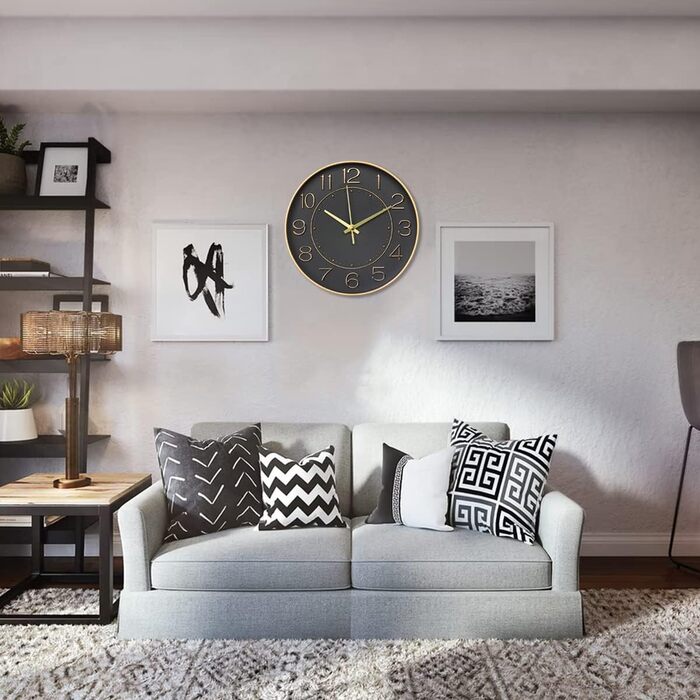 HZDHCLH Funk Wall Clock Silent No Ticking 25 cm Easy-to-Read Clock for Kitchen, Living Room, Bedroom, Bathroom, Home Office (Black Gold)