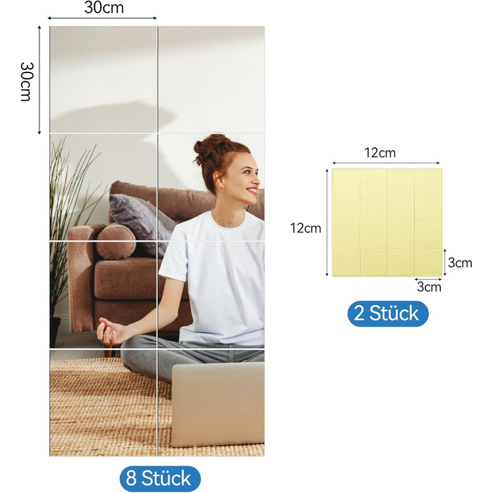 Дзеркальні наклейки 30x30 см, 8 шт. Гнучкі акрилові дзеркала на клейкій основі, для декору стін, шаф, спальні та ванної кімнати