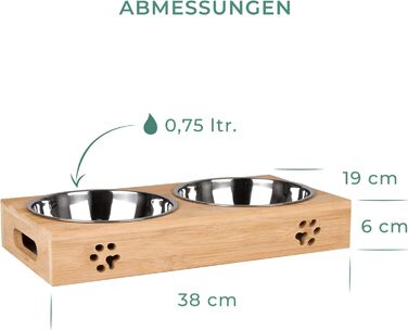 Станція для годування домашніх тварин LAUBLUST - підставка для мисок з бамбука, 2 нержавіючі миски | для собак та котів (38 x 19 x 6 см)
