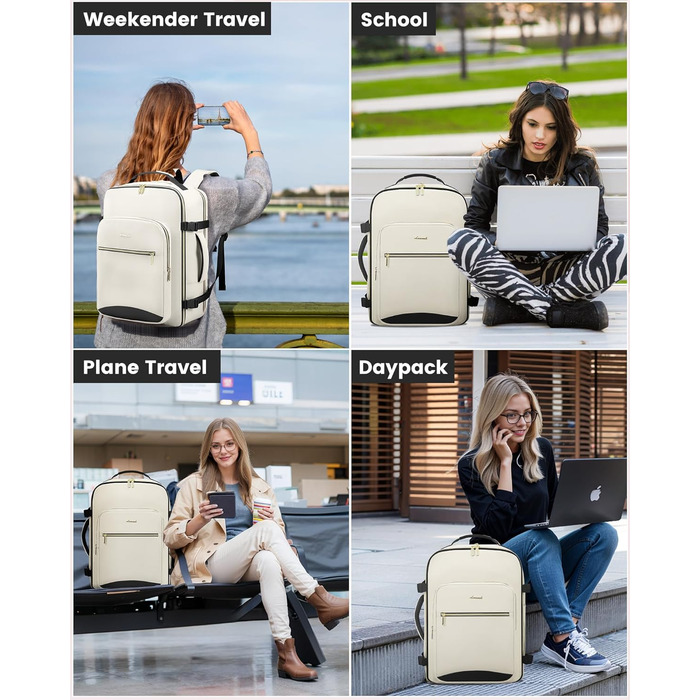 Рюкзак LOVEVOOK для ручної поклажі в літак, 40L, великий, для жінок, валіза-рюкзак, водонепроникний, для ноутбука 17 дюймів, для подорожей, бізнесу, роботи, відпочинку, хайкінгу, weekend (M, Бежевий+чорний)