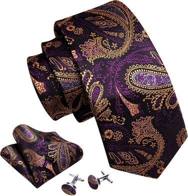 Набір краваток Barry.Wang для чоловіків: візерунок пає, тканина - шовк, з чохлом, краваткові затискачі, формальний стиль (темно-фіолетовий, золотий)