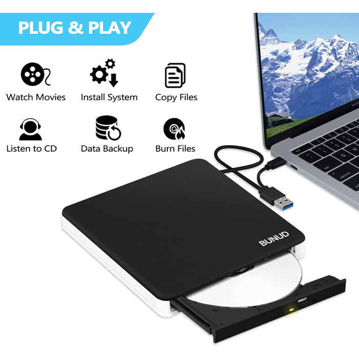 Зовнішній CD/DVD привід BU USB 3.0 & Type-C, DVD+/-RW ROM записувач з картридером SD/TF та USB-портами для ноутбука, PC, MacBook, Windows 11/10, macOS (чорний/білий)