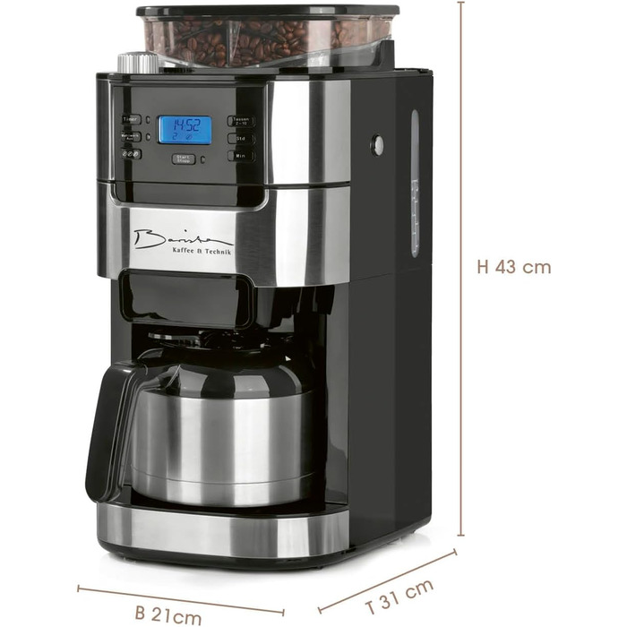 Кавомашина Barista Filterkaffeemaschine з регульованим млинком та термокружка | Функція підігріву, таймер 24 год та перманентний фільтр | Для 10 чашок кави | Кавомашина для зерен та меленої кави [Нержавіюча сталь] 5) Нержавіюча сталь - термокружка - з мли