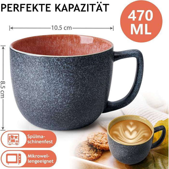 MIAMI - Set of 6 x 470 ml Coffee Cups/Mugs/Large Coffee Cups/Modern Coffee Cups made of stoneware - Las Palmitas Collection, Set of 6