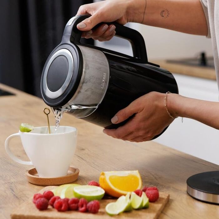 Електричний чайник 1.7л зі скляним корпусом та сенсорним дисплеєм, 2200W, регулювання температури (40–100°C), 5 програм, функція підігріву, нержавіюча сталь, бездротовий