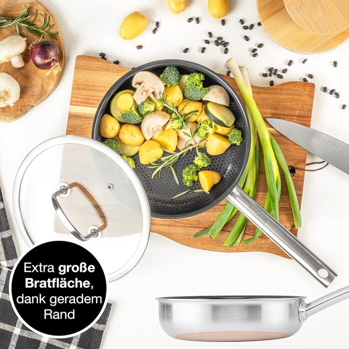 Сковорода Moritz & Moritz антипригарна 28 см індукційна з керамічним покриттям та стільниковою структурою. Сковорода з нержавіючої сталі з високими бортами, підходить для всіх видів плит (з кришкою, Ø 24 см)