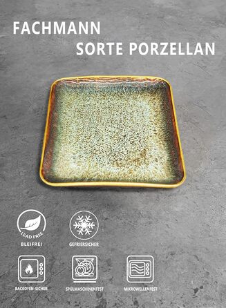 ЯЮ Керамічні тарілки 4 шт. для основного блюда: стейк, паста, різотто, закуски. Підходять для мікрохвильової печі, духовки та миття в посудомийній машині. Колір: коричневий, форма: квадратна.