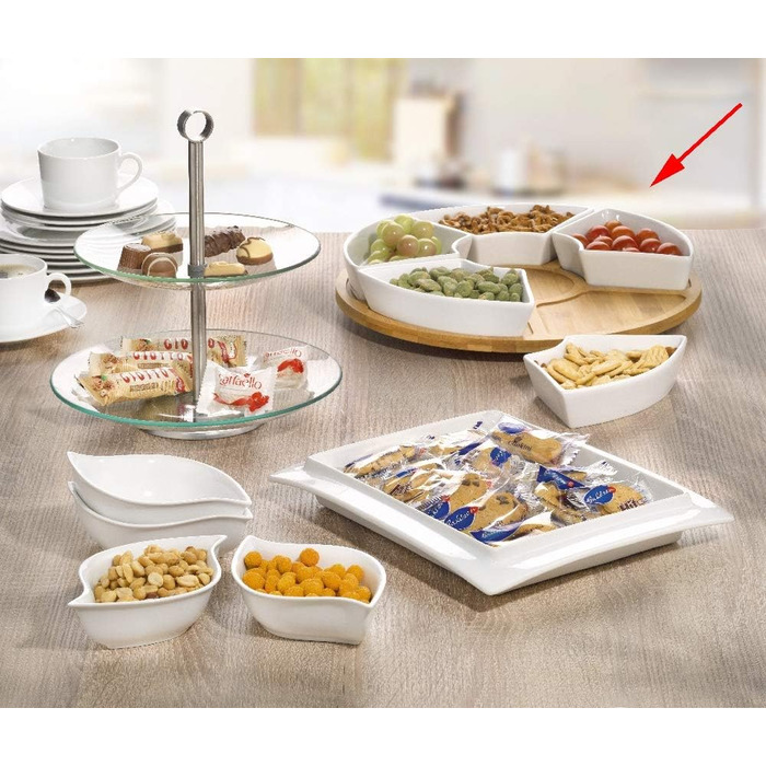 Esmeyer Caterado Rotating Serving Tray SUSAN with 6 white porcelain bowls and a bamboo tray, 34 x 34 x 6.5 cm