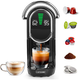 Кавомашина Magician1 Mini Kapselmaschine 5в1 для капсул Nespresso, Dolce Gusto, Lavazza A Modo Mio, ESE 44 та кавової гущі | 20 бар, 1450 Вт, LED-дисплей, 7 рівнів води | Для дому та офісу (Чорний)