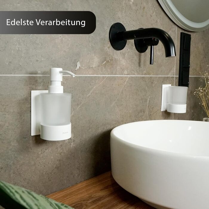 Dolvhin® Soap Dispenser and Toothbrush Holder Set | Frosted Glass Soap Dispenser & Toothbrush Holder | Stainless Steel Toothbrush Holder without Drilling | Adhesive Wall Soap Dispenser | Bathroom Set | Matte White