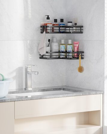 Поличка для душу Kitsure без свердління – 2 шт. Стабільне душове решітка без свердління з швидким стоком, нержавіючою статтю та міцним клейким кріпленням для ванної кімнати, 22,0 x 22,0 x 5,0 см, Чорний