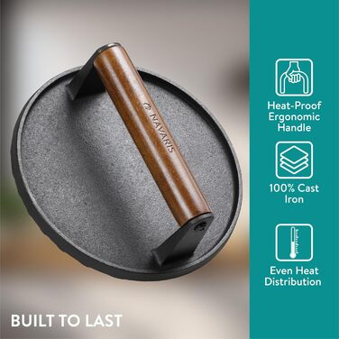Navaris Smashed Burger Press - Cast Iron Burger Press - Prepare Burgers Healthy and Delicious - Grill Press - Meat Press - 17.5 x 17.5 cm - Round Cast Iron