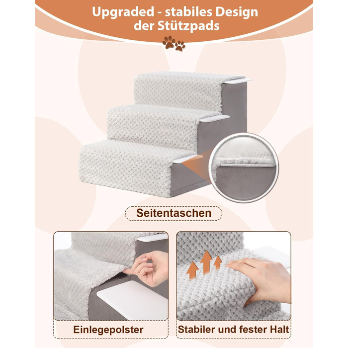 KSIIA Dog Stairs for Small Dogs 44cm High, Pet Stairs with Removable Washable Cover, Cat Stairs for Elderly Cats and Dogs, Non-Slip Dog Ramp Dog Stairs for Bed Sofa, Grey (3 steps (L45 x W38 x H33 cm))