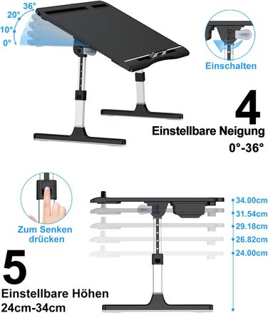 Стіл для ноутбука Potuopy з регульованою висотою та кутом нахилу, складний, великий розмір (60*40 см), чорний, з еко-деревом для роботи, читання та їжі на ліжку/дивані