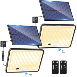 LOTMOS 2 Pack Solar Lights for Outdoor with Motion Sensor, 342 LED Outdoor Light Solar IP65 Waterproof Solar Spotlight 3 Modes with Remote Control, Solar Lamp Outdoor for Garden Garage Exterior (Warm White, 2 Pack)