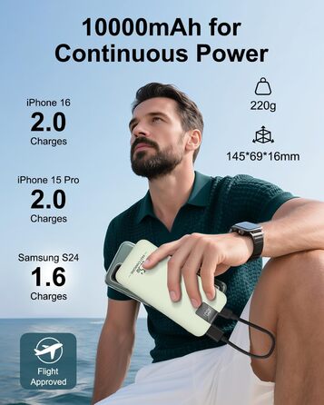 Powerbank 10000mAh 22.5W з LCD-дисплеєм: Швидка зарядка, 3 виходи, 2 входи, USB-C, для смартфонів та планшетів (зелений)