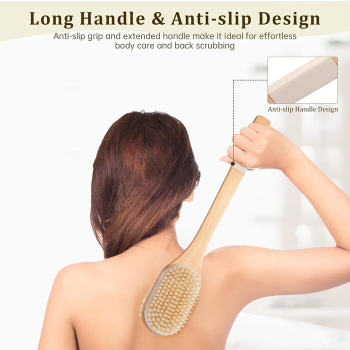 Щітка для спини з довгою ручкою, 43 см: для душу, ванни, видалення відмерлої шкіри, целюліту, покращення лімфодренажу