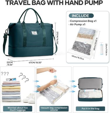 Спортивна сумка для жінок 45x36x20 см: Travel Bag, Duffle Bag, Weekender Bag, фітнес-сумка, валіза для ручної поклажі Easyjet, водонепроникна сумка для плавання, з відділенням для взуття, L2-Зелений, A04-Армійський зелений (A03-Півнячий блакитний, вакуумн