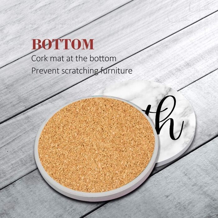 Britimes Drink Coasters, Set of 6, White Marble, Inspiring Love, Absorbent, Round, Ceramic-Stone Mat, with Cork Bottom and Metal Holder, Housewarming Gift, Bar, Decor