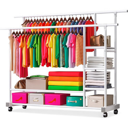 Вешалка для одягу на колесах, шестиярусна полиця з двома штангами, біла