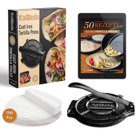 Пресс для тортильї з чавуну + Е-book з 50 рецептами тортильї + 100 листів пергаментного паперу (25см)