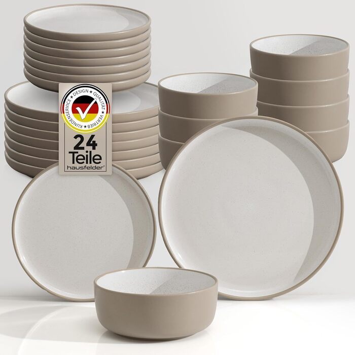 Сервіз Hausfelder для 8 осіб, 32 деталі, кераміка – 24-х предметний набір посуду з тарілок, мисок та чашок – стійкий до миття в посудомийній машині, сучасний дизайн (Nordic Sand)