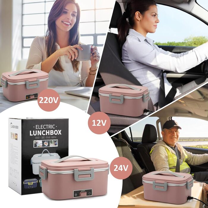 BYbrutek Electric Lunch Box 100W, 3-in-1 Portable Heated Lunch Box, 1.8L Stainless Steel Removable Food Container, 12V/24V/220V Insulated Food Warmer Box for Car/Truck/Office (Pink, 1.8 L)