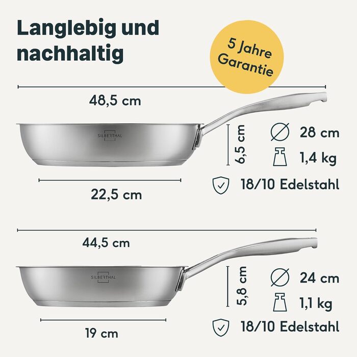 Набір сковорідок SILBERTHAL Induktion: 2 шт. (28 см + 24 см), нержавіюча сталь, індукційне дно, антипригарне покриття