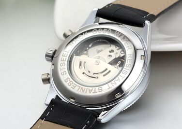 Чоловічий годинник JewelryWe, механічний з автопідзаводом, стильний бізнес, прозорий Steampunk з браслетом з нержавіючої сталі, золотий, блакитний, циферблат з римськими цифрами (чорний ремінець #3)