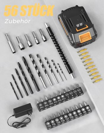 Акумуляторний шуруповерт/дрель 20V, 56 шт. в наборі, 42Nm, LED-підсвітка, сірий колір, для ремонту та DIY-проєктів