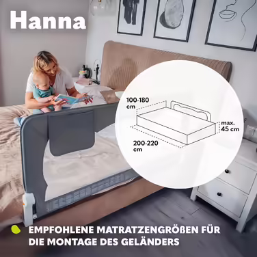 Lionelo Hanna Bed Rail Guard, Fall Protection, 150 cm x 66 cm, Foldable to 180 Degrees, Breathable Mesh, Easy Assembly, Standsafe Lock, SecureBelt, Stable Construction, Grey