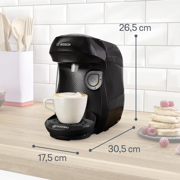 Кавомашина Tassimo Happy TAS1002N від Bosch: понад 70 напоїв, автоматична, для будь-яких чашок, компактна, 1400 Вт, антрацит (чорний). Включає декальцинатор.