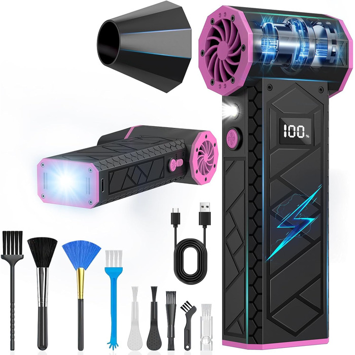Електричний пилосос-фен, 10000mAh, LCD, міні-фен з ліхтариком для відпочинку на природі, 180000RPM, 4-та ступінь сили, чорний