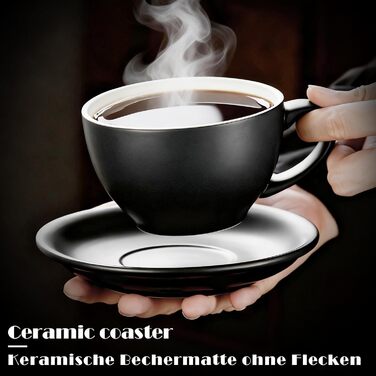 Набір кавових чашок Yundu Cappuccino 4 шт. по 300 мл – керамічні чашки з блюдцями, матова колірна гама, для латте-арту та бариста, великі мока чашки та блюдця (матова чорна)