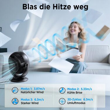 Вентилятор EasyAcc тихий, 25dB, настільний, з авто-осциляцією 90°, 3D Turbo, з пультом, 3 швидкості, таймер 2-12 годин, для спальні - чорний