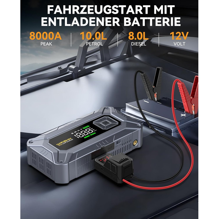 Портативний пусковий пристрій 8000A з повітряним компресором 160 PSI для бензинових та дизельних двигунів (до 10 л), з дисплеєм та аварійною світлодіодною лампою