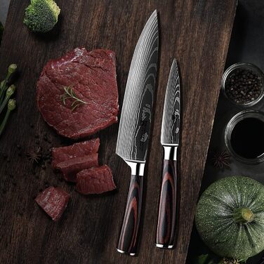 Набір професійних кухонних ножів | Шеф-ніж, Сантоку, хлібний ніж та інші | Нержавіюча сталь з лазерним візерунком, ручки з пакавуду | Подарунковий набір