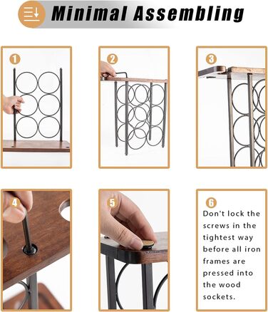 Wine rack for 6 bottles, wine bottle holder, 3 tiers, with 2 wine glasses.