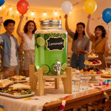 Скляний диспенсер для напоїв на 4L з краном та бамбуковим підставкою, 2 шт. Ідеально для вечірок, свят та днів народжень