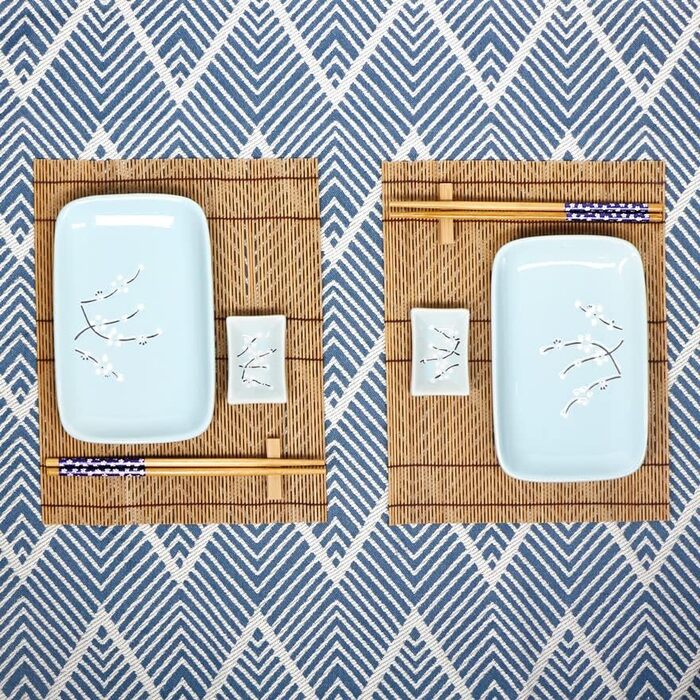 Набір для суші Exzact (10 шт.) – 2 тарілки, 2 миски для соусу, 2 підставки під столові прилади, 2 пари паличок для їжі – високоякісний фарфор, у подарунковій коробці – блакитний колір