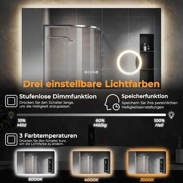 Дзеркало для ванної кімнати SVNR з підсвічуванням 40x60 см, LED, алюмінієва рама, захисне скло, IP44, 3 кольори світла, антизапар, годинник, 5x лупа, розетка для гоління