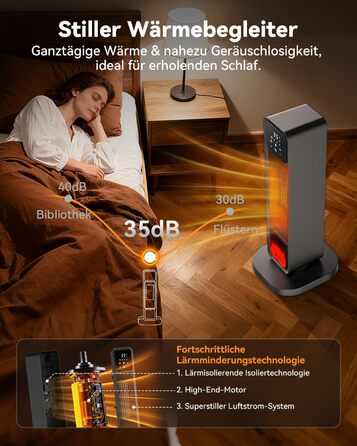 Ефективний енергозберігаючий обігрівач, 1500W PTC кераміка, 34 dB, термостат, таймер 12 год, захист від перегріву та перекидання, з пульт дистанційного керування (матовий чорний)