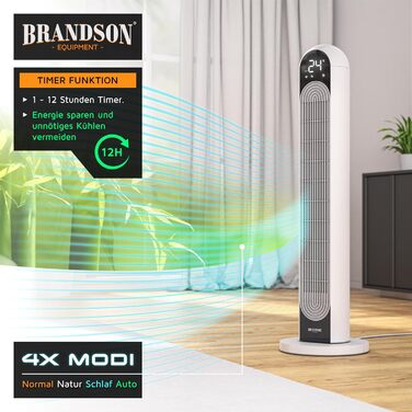 Вентилятор tower Brandson DC – тихий, 12 швидкостей, 4 режими (нормальний, природа, сон, авто), з функцією осциляції. Еко-дизайн.