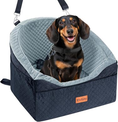 Elevated Dog Car Seat - Small & Medium Dogs (Up to 13.6KG) - Washable, Travel Bed with Storage & Safety Belt (Black & Grey)